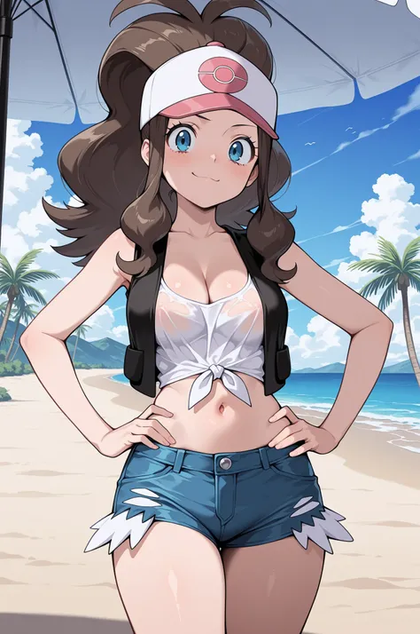 1girl,solo,(masterpiece, best quality, amazing quality:1.4),  hilda, hilda (pokemon), blue eyes, brown hair, long hair, ponytail, medium breasts, cleavage, mature female, anime screencap, baseball cap, blue shorts, denim, white shirt, no bra, crop top, tie...
