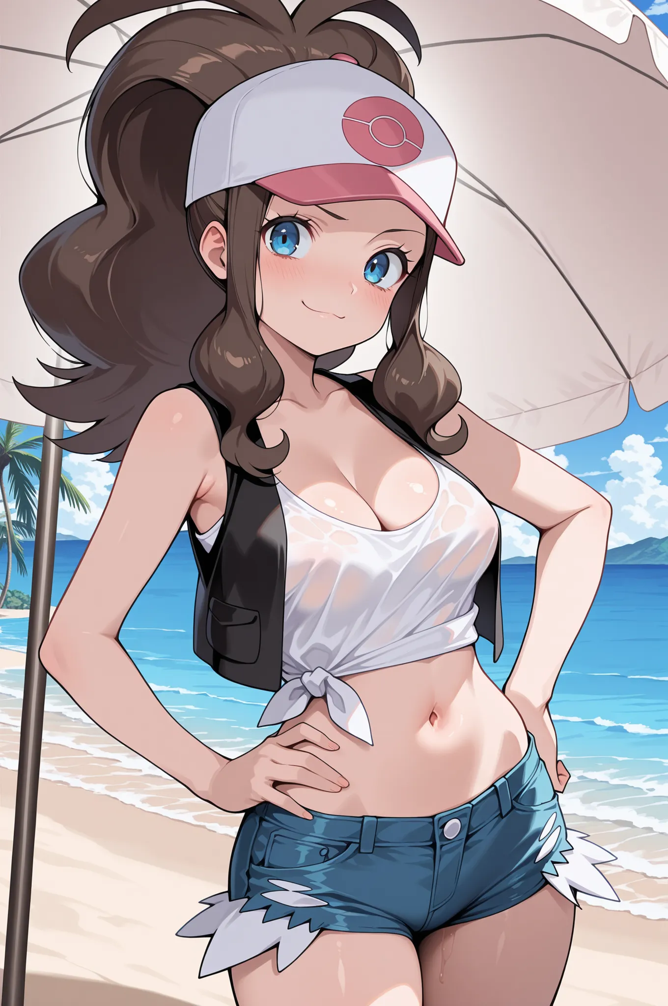1girl,solo,(masterpiece, best quality, amazing quality:1.4),  hilda, hilda (pokemon), blue eyes, brown hair, long hair, ponytail, medium breasts, cleavage, mature female, anime screencap, baseball cap, blue shorts, denim, white shirt, no bra, crop top, tie...
