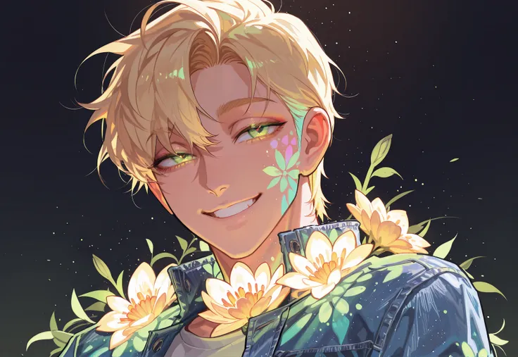 one guy, handsome, (freckle:1.2), sexy, blond hair, center part, green eye, smile, portrait shot against simple background, acrylic denim jacket, face closeup, colorful flowers, high detail, vibrant colors, clean linework,(masterpiece:1.2), (Highest quali...