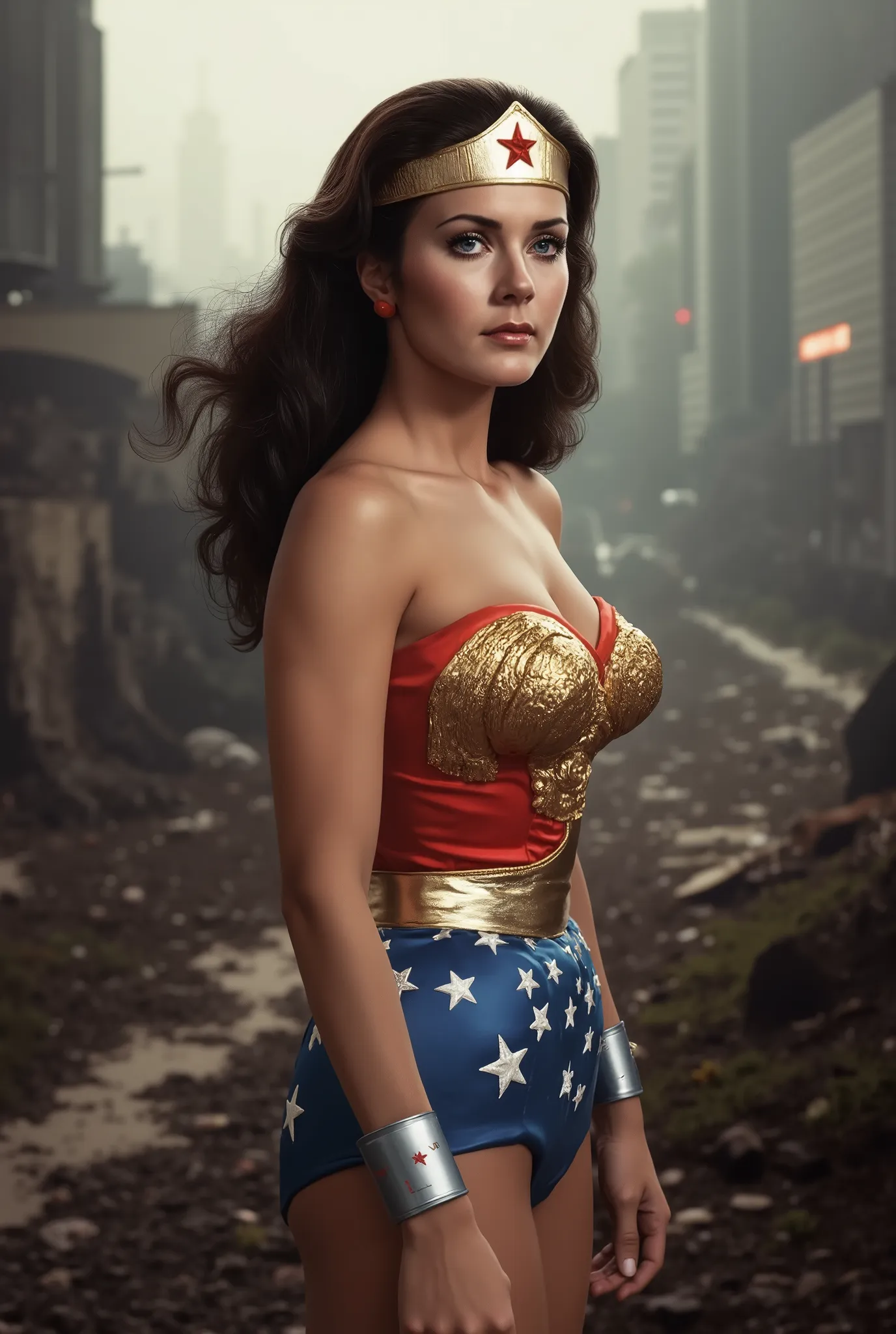 (Excellent masterpiece:1.5)0.7]，(wonder woman:1.2) ( messy brunette :1.1) (black eyes:1.2) (muscular:1.1) (Thick lips:0.9)， A photorealistic, high-resolution side-rear portrait of a beautiful, confident woman dressed in a classic 1970s Wonder Woman costume...