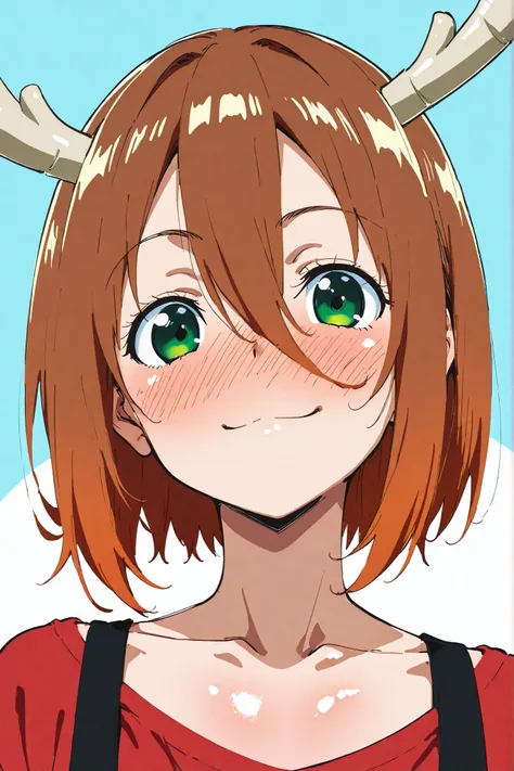 head tilt,impish smile,nose blush,swlu1,shiny skin, glistening skin, , oiledILL, oiled, oily, ,noko shikanoko, short hair, bangs, brown hair, hair between eyes, green eyes, horns,1cute girl,solo,ゴスガール,ヴィクトリア朝のゴシック調の服装で色は赤と黒, 女性のポーズ , 下の四分の一,