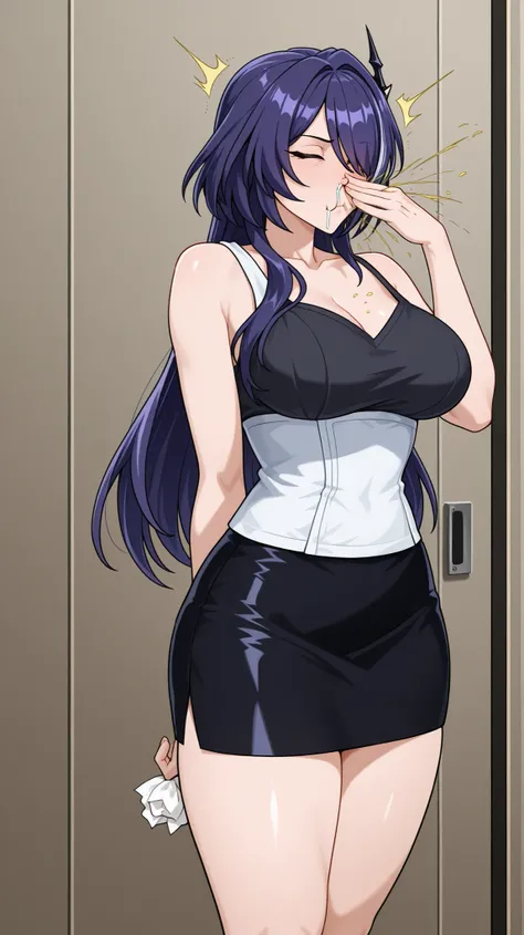 Acheron, sneezing, standing, above average thighs, not exaggerated body, snot escape, impolite sneeze, hold tissue to nose, sneeze into tissue, long hair, sleeveless top, skirt, tall, pollen allergy