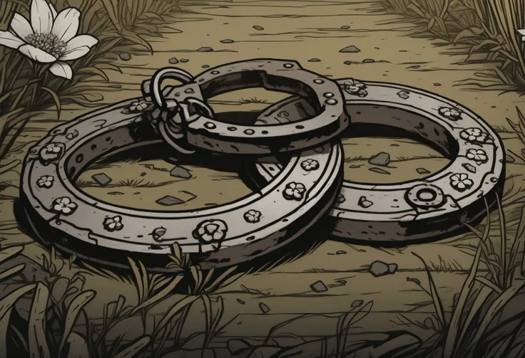 detailed darkest dungeon art, close up of rusty handcuffs on the grass, detailed handcuffs, flowers, close up shot of fetters, thick outlines. sunrise white flowers. small stones, relief emotion, detailed darkest dungeon style, 8k, light. comic details. qu...