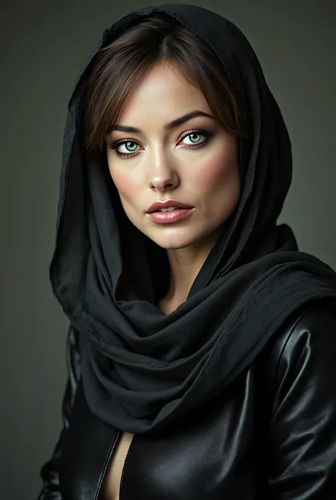 OLIVIA WILDE wearing a hijab, satin, leather, detailed