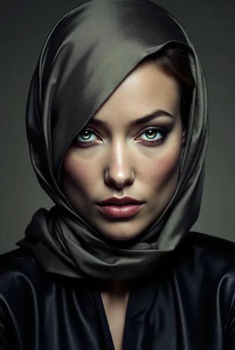 OLIVIA WILDE wearing a hijab, satin, leather, detailed