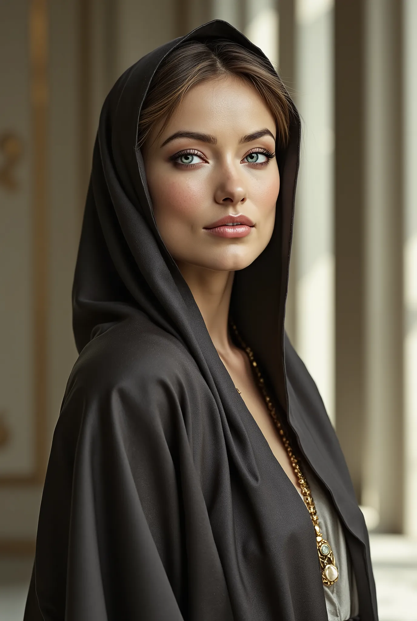 woman wearing a hijab, satin, leather, detailed