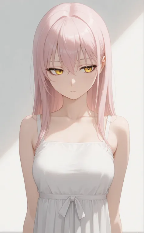 masterpiece, newest, Best Resolution, HD Quality, good lighting, safe. beautiful, adult, anime, good anatomy, .  Pale pink hair , Hair below the shoulders. Golden-yellow eyes, dark eyelashes, piel clara, slim build, Medium Breasts Size D. She is 24 years o...