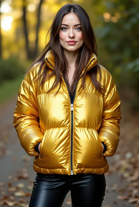 ultrarealistic high quality full body photo of a beautiful brunette woman with cute hyperdetailed shy face and natural straight long ponytail and shy smile , wearing shiny metallic bright golden puffer coat and leather pants, outdoor photography, tanned