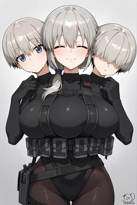 conjoined, 3girls, 3heads, three heads, a tall thin girls with 3heads, TripleTits, three breasts, grey hair, short hair, hair over shoulder, closed eyes, hair, hair over eyes, covered eyes, blue eyes, large breasts, black leotard, black bodysuit, black pan...