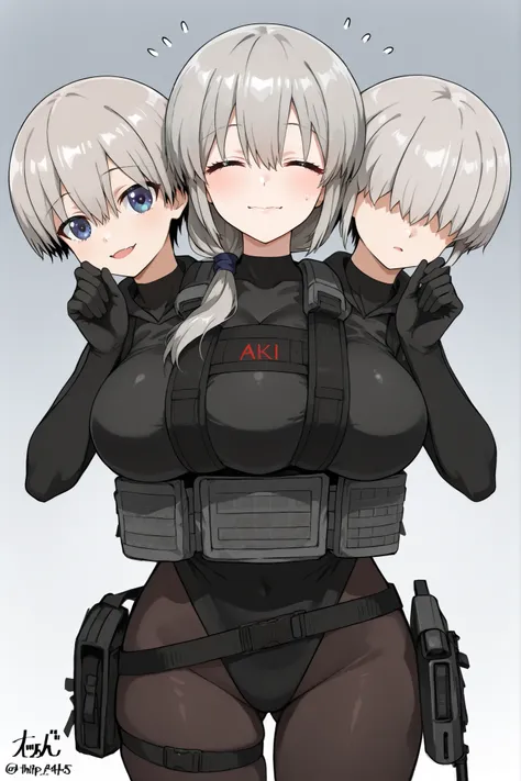 conjoined, 3girls, 3heads, three heads, a tall thin girls with 3heads, TripleTits, three breasts, grey hair, short hair, hair over shoulder, closed eyes, hair, hair over eyes, covered eyes, blue eyes, large breasts, black leotard, black bodysuit, black pan...