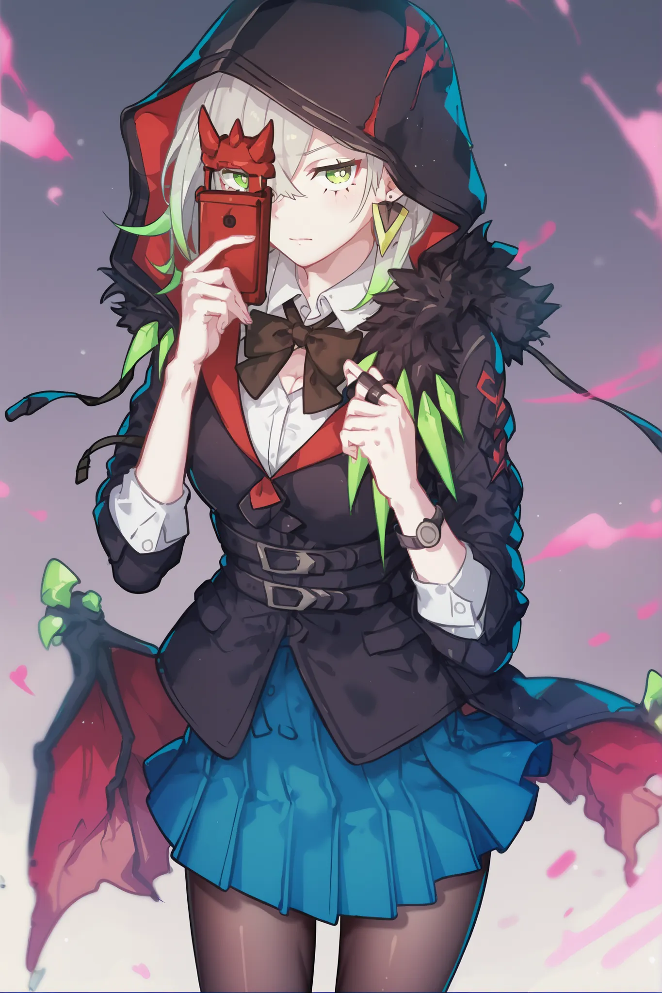 p5ann-winuni, blazer, black blazer, school emblem, layered clothes, jacket, open jacket, hood, pantyhose, black pantyhose, medium skirt, blue skirt, hoodie, hood, hood down, shuujin academy school uniform, sleeves rolled up, diabellstar the black witch, no...