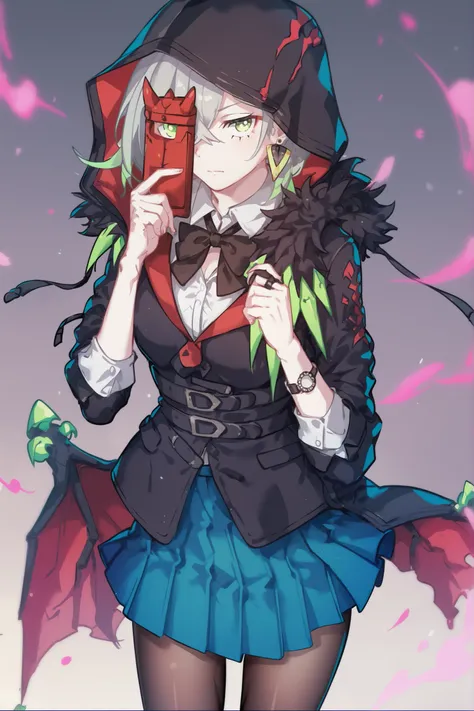 p5ann-winuni, blazer, black blazer, school emblem, layered clothes, jacket, open jacket, hood, pantyhose, black pantyhose, medium skirt, blue skirt, hoodie, hood, hood down, shuujin academy school uniform, sleeves rolled up, diabellstar the black witch, no...