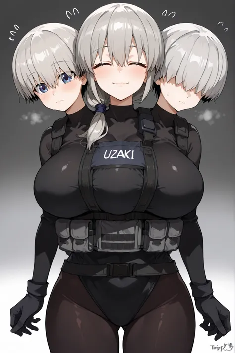 conjoined, 3girls, 3heads, three heads, a tall thin girls with 3heads, TripleTits, three breasts, grey hair, short hair, hair over shoulder, closed eyes, hair, hair over eyes, covered eyes, blue eyes, large breasts, black leotard, black bodysuit, black pan...