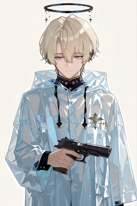 male,Probably 25 years old, beige hair,blue eyes,Black Angel Halo,Wore a transparent white raincoat,melancholy eyes, holding a handgun , no background