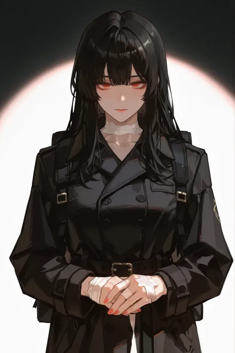 womanhood,25 years old,black hair,Red Eyes,black trench coat,No Expression,backpack,Bandage your hands