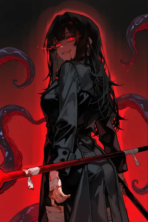 womanhood,25 years old,black hair,, red glowing eyes,black trench coat,crazy expression,Blood on the body,Bandage your hands,to hold a huge stick,Point your side to my back,and connect the tentacles, no background