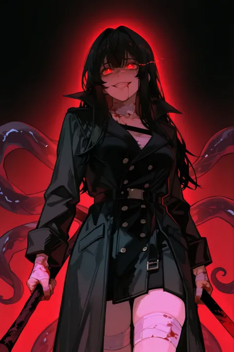 womanhood,25 years old,black hair,, red glowing eyes,black trench coat,crazy expression,Blood on the body,Bandage your hands,to hold a huge stick,Facing me,and connect the tentacles, no background