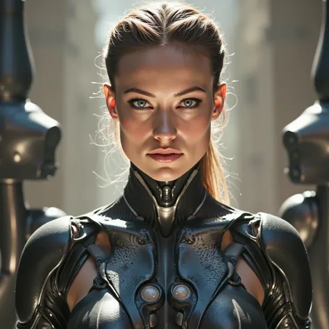 A cyborg woman with pulled back hair, in the center of a futuristic background, bathed in soft, even light. Her proportional and detailed face, with piercing eyes, gazes directly at the viewer, exuding an air of mastery. The medium body portrait showcases ...