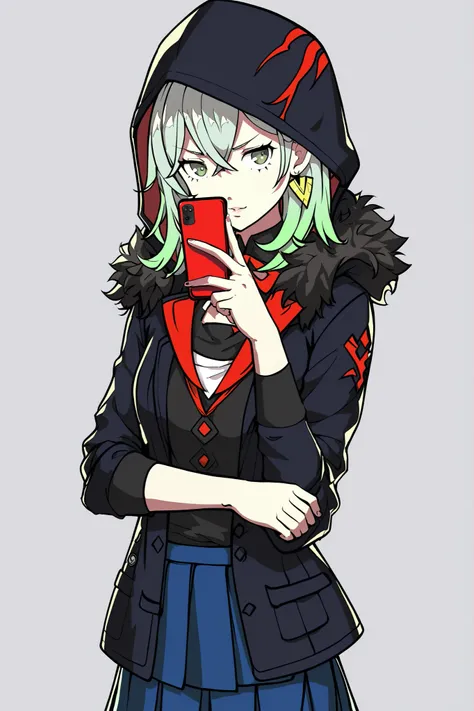simple background, portrait, p5ann-winuni, blazer, black blazer, school emblem, layered clothes, jacket, open jacket, hood, pantyhose, black pantyhose, medium skirt, blue skirt, hoodie, hood, hood down, shuujin academy school uniform, sleeves rolled up, di...