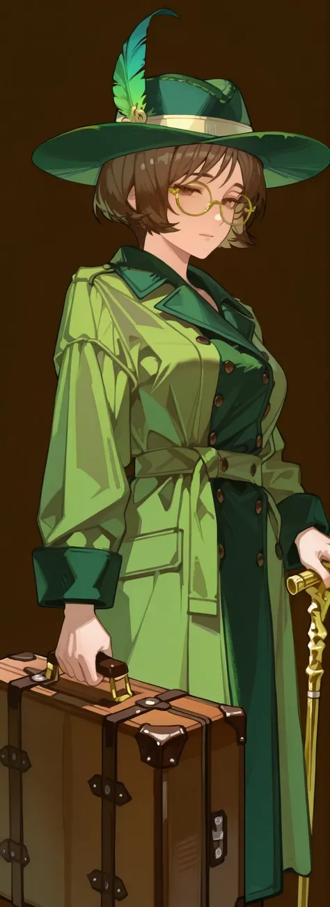 womanhood,25 years old,Brown Short Hair,green trench coat,green feather high brim hat,gold-framed glasses,Round Face,brown eyes,soft expression,with a cane in one hand,A suitcase, nobility, no background