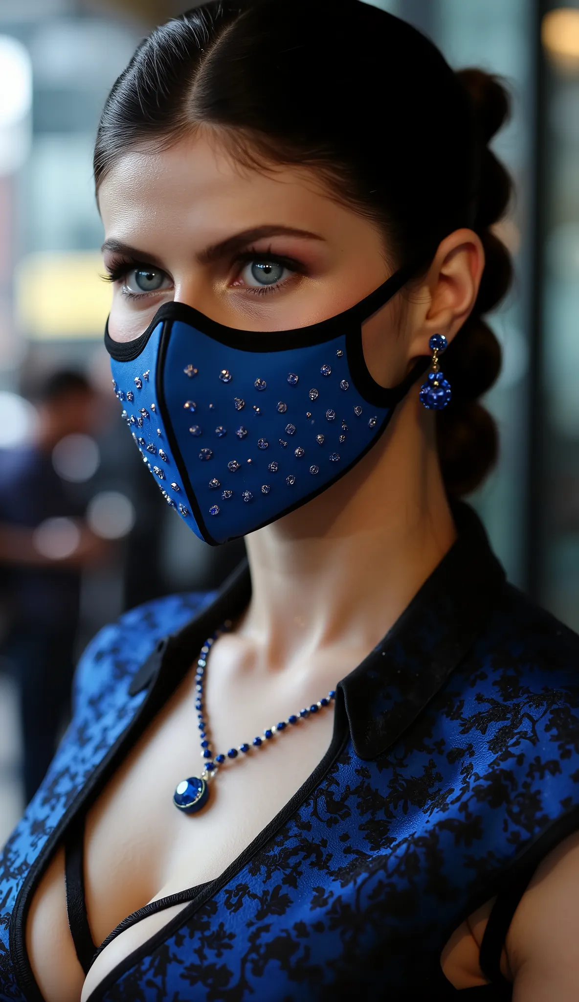 Alexandra Daddario realistic kitana hipper from Mortal Kombat with her flawless blue mask that covers only her mouth the mask is made of solid iron tungsten with small blue diamonds, only her face with a very charming outfit and a blue earring that shines ...