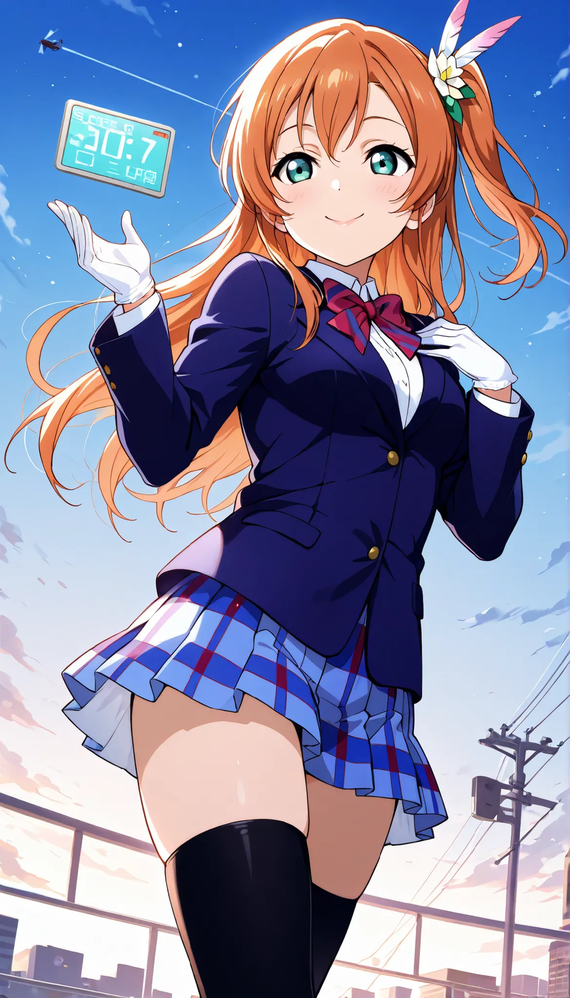 masterpiece, best quality,  one side up, feather hair ornament, hair flower, white gloves, legwear, thighhighs, flying,background in sky, smile,glossy lips, (1girl), (solo), otonokizaka ,winter uniform, red striped bow tie, navy blue blazer, blue striped p...