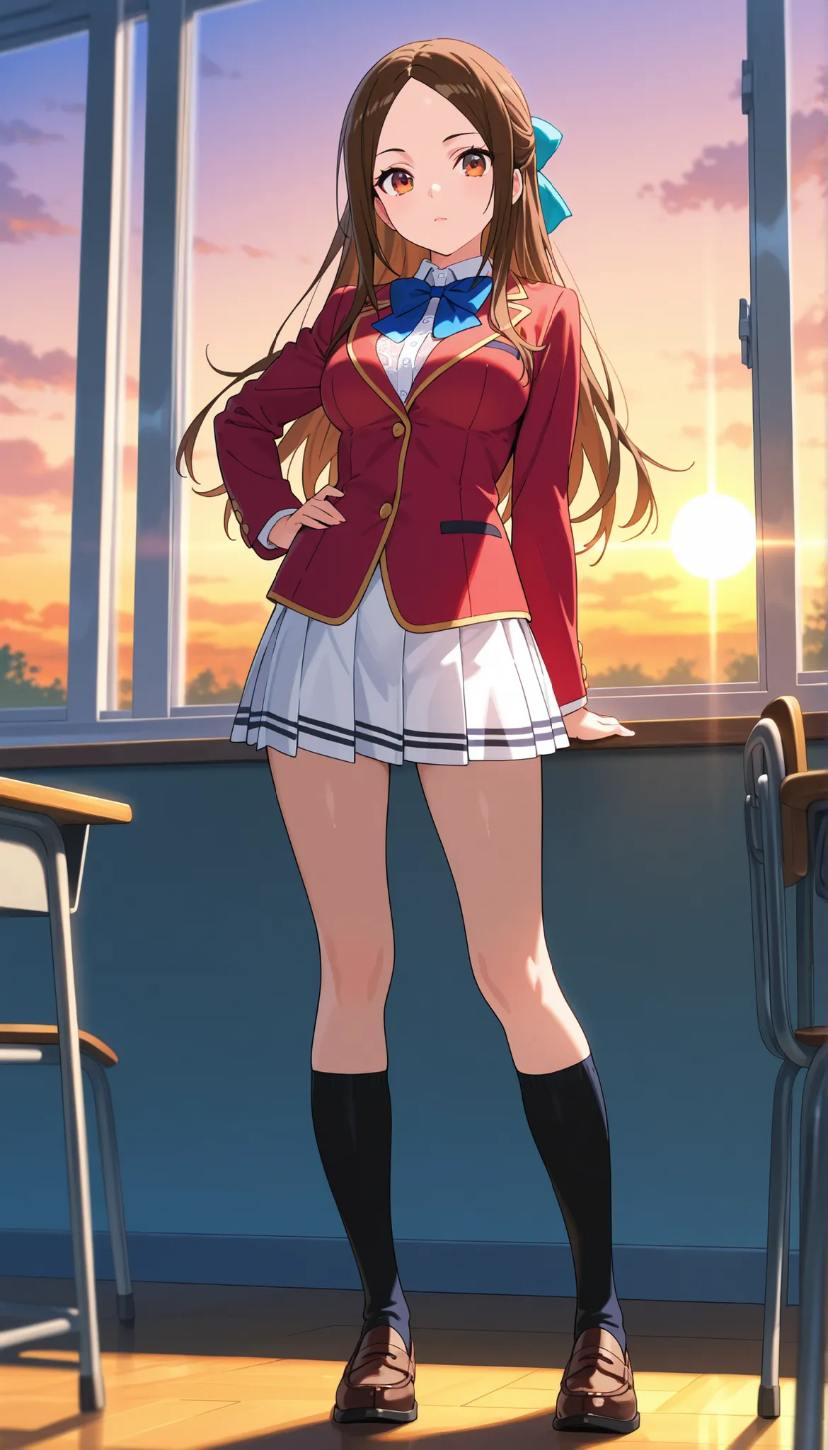  Masterpiece, hd, best quality, 1girl, kiyotaka_ayanokouji, long hair, hair bow, brown hair, medium breasts , forehead, parted bangs, school uniform, red blazer, blue bowtie , white lace shirt, white pleated skirt,knee socks ,loafers, standing ,model posin...