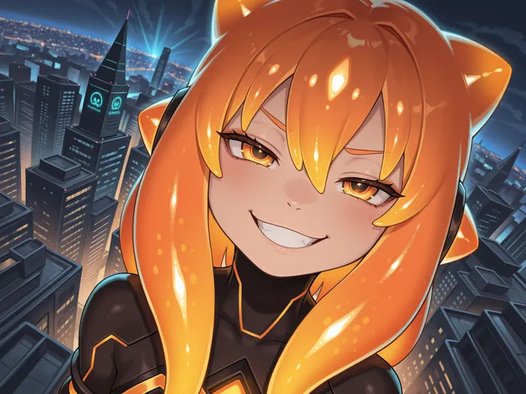 1woman, anthro, dark ambient, glow, female orange squid, squid girl, orange beutyful body, tentacle hair, orange hair, hair between eyes, glowing gradient orange yellow eyes, large eyes, enface portrait, small, looking at viewer, happy face, smirk, smug, g...