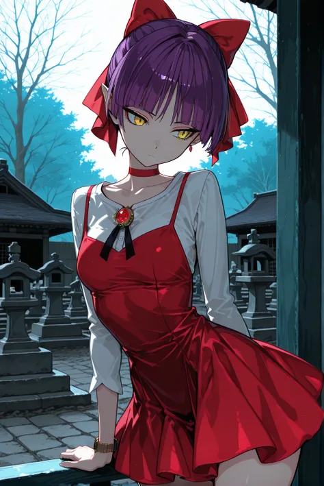  masterpiece, best quality , (1girl, solo, Catgirl, short hair, purple hair, one bundle of hair, hair ribbon,  Red Bow , Yellow Eyes, pointed ears, red choker,medium chest, nekonedef, color bone, long sleeve, white shirt, brooch, mini dress, Pinaphore Dress, red dress,) , Once there are cotton and nurikabe/Japanese monsters.,Watch viewers,Japanese Cemetery,dynamic lighting,noon