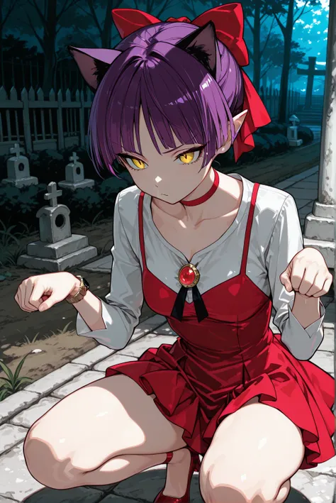  masterpiece, best quality , (1girl, solo, Catgirl, short hair, purple hair, one bundle of hair, hair ribbon,  Red Bow , Yellow Eyes, pointed ears, red choker,medium chest, nekonedef, color bone, long sleeve, white shirt, brooch, mini dress, Pinaphore Dress, red dress,) , Once there are cotton and nurikabe/Japanese monsters.,Watch viewers,Japanese Cemetery,dynamic lighting,noon//cat pose//squatting