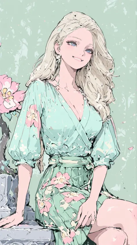 bandes dessinées 1.2 style , Marina Laswick very very beautiful very sexy with a little smile, Beautiful blue eyes, Beautiful face, Beautiful skin, very beautiful top, pastel pink pleated sweetheart neckline, long puffed sleeves, long pastel green skirt wi...