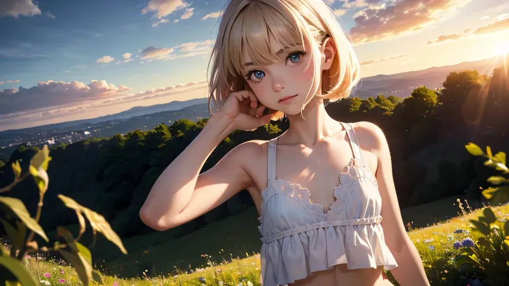 girl, side shot, (realistic deep eyes), (sky:1.3), (masterpiece, best quality, perspective, depth of field:1.5), beautiful face, thighs, (cute girl), 8k, raw photo, absurdres, impressionism, (Tom Thomson, Claude Monet, Joaquín Sorolla, James Wilson Morrice...