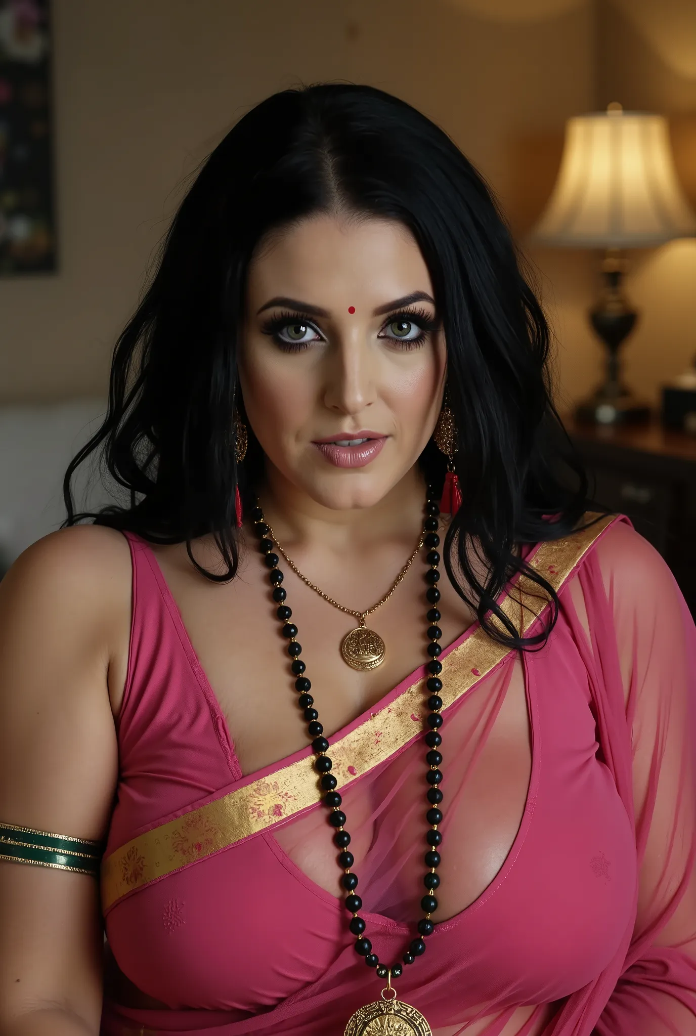 A naughty, voluptuous and curvaceous light neutral skin tone woman in completely sweaty hairs, in a traditional attire, wearing a deep pink messed up elegant saree, no blouse piece and intricate jewelry glass green bangles and a red small bindi between her...
