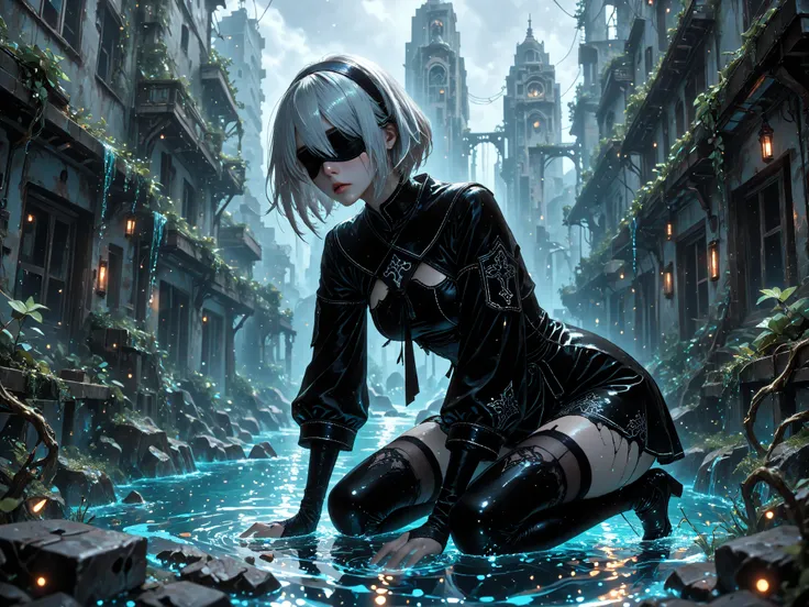 Masterpiece, best quality, amazing quality, absurdres, very aesthetic, very awa, lazypos, SmthILLS, xss, nierscene, 1girl, (2b_(nier)), Nier:_automata, YoRHa uniform, black dress, blindfold, kneeling in water, (self-destruct sequence:1.3), disintegrating, particle effects, glowing, internal light, black box, flooded city, water reflections, serene, (tragic beauty:1.2), emotional, cinematic. ethereal, poignant. A solemn digital painting of 2B kneeling in the shallow, clear water of the Flooded City. Her YoRHa uniform is beginning to disintegrate, with particles of her black dress dissolving into light around her as she initiates her self-destruct sequence. A soft glow emanates from within her chest, reflecting on the water's surface. Her head is bowed, face obscured by her hair and blindfold, conveying a sense of quiet resignation rather than combat. The background shows crumbling, vine-covered buildings half-submerged in the water under an overcast sky
