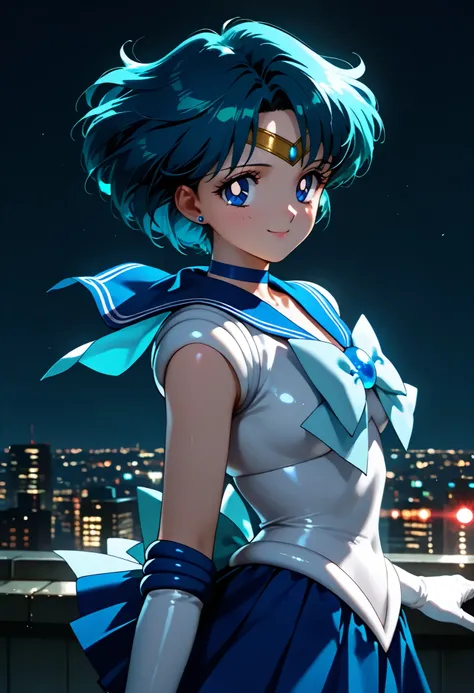 masterpiece, amazing quality, best quality, ultra-detailed, 8K, illustration, clear skin, ultra-detailed-eyes, soft skin, very awa, very as2, soft body, 1990s \(style\), official art, 1girl, ami mizuno, blue eyes, blue hair, short hair, parted bangs, small...