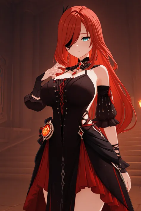 masterpiece, best quality, amazing quality, G3NSHIN, genshin impact style, 3d, girl, big breasts, straight long hair, long bangs covering left eye, red hair, turquoise eyes, black and red dress 