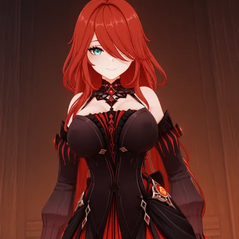 masterpiece, best quality, amazing quality, G3NSHIN, genshin impact style, 3d, girl, big breasts, straight long hair, long bangs, bangs covering left eye, red hair, turquoise eyes, smiling, face and bust focus, black and red dress, dynamic pose 