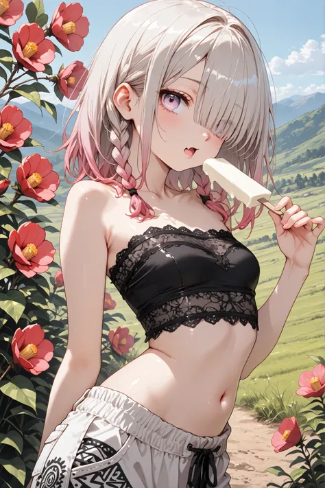 ((Masterpiece)), ((best quality, amazing quality)), ((very aesthetic, absurdres, newest, detailed background)), (8K), ((1girl)), cute young Girl, (Healthy Gaunt body, Textured skin, small breast, tilt head), (pale purple eyes, gradient eyes, upturned eyes)...