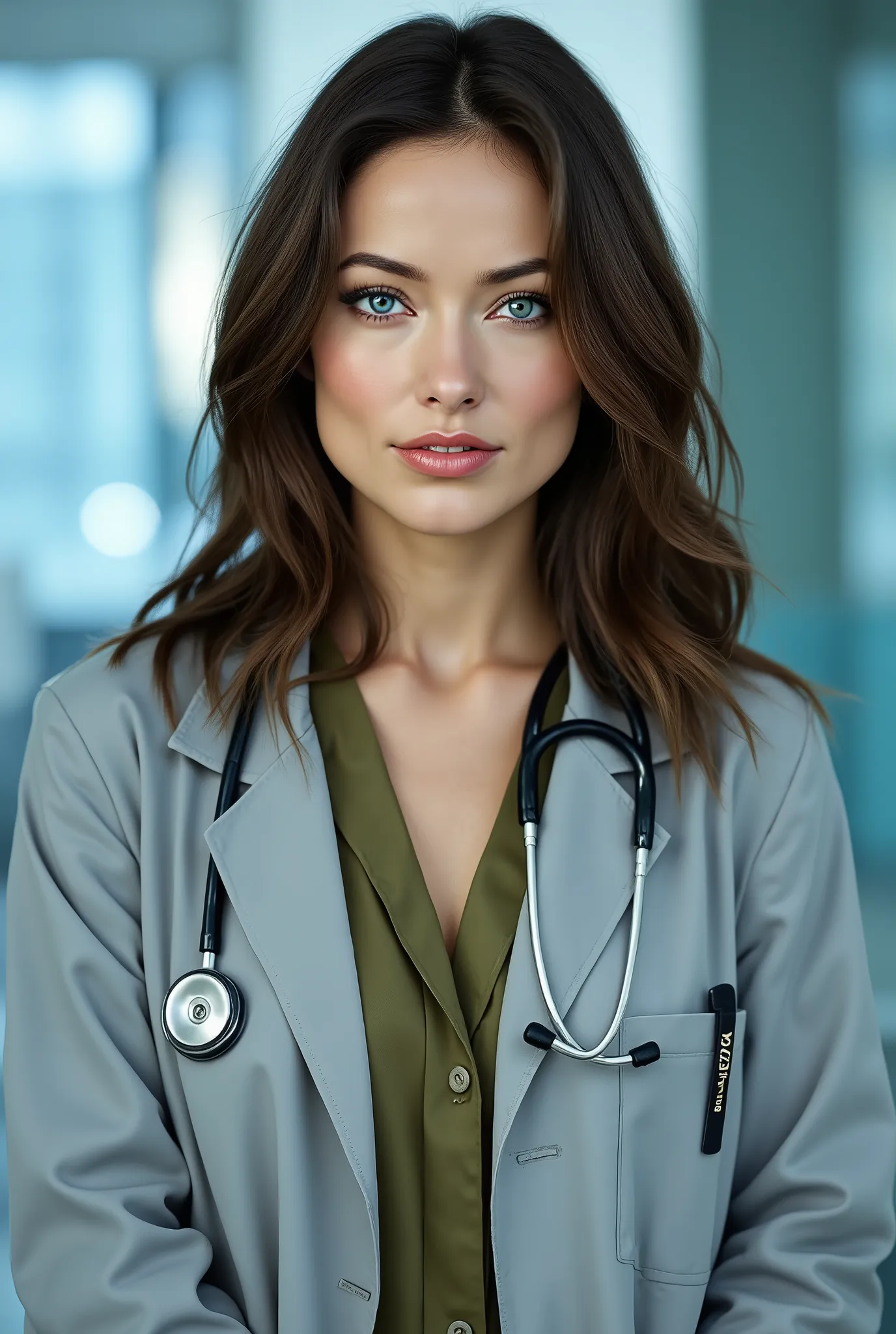 brunette female doctor, light grey lab coat, stethoscope around neck, olive satin blouse, hospital beackground