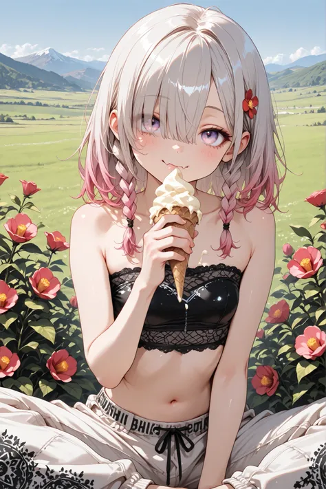 ((Masterpiece)), ((best quality, amazing quality)), ((very aesthetic, absurdres, newest, detailed background)), (8K), ((1girl)), cute young Girl, (Healthy Gaunt body, Textured skin, small breast, tilt head), (pale purple eyes, gradient eyes, upturned eyes)...
