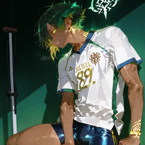 
1boy focus. young brown tanned slim toned ripped thin mixed latino indian african boy who is lean muscular body very sexy covered by ((oversized   rugby shirt written 69)) with sport shorts, soft glowing fair dark skin, dark green light curly african lati...