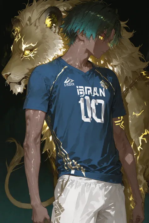 
1boy focus. young brown tanned  toned ripped  mixed latino indian african 17 year old boy who is lean muscular body very sexy covered by ((oversized   rugby shirt written 69 1:1 )) with sport baggy shorts, soft glowing fair dark skin, dark green light cur...