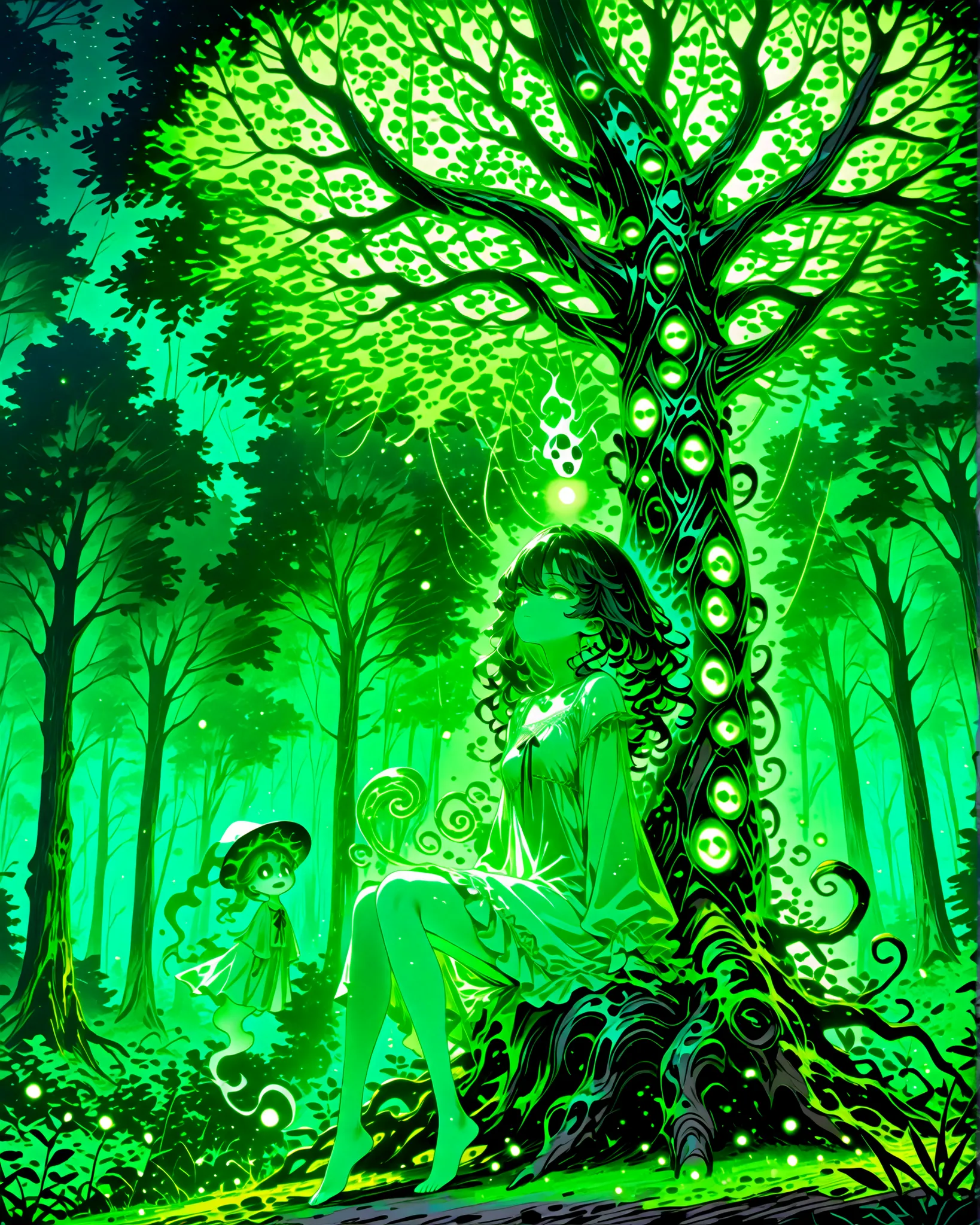 A Brazilian ghost-story girl with dark curly hair, wearing a long white nightgown and sitting under a huge ancient tree in the forest. A red magical cap floats beside her, and a shadowy, one-legged figure—Saci-Pererê—swirls in a whirlwind of leaves behind ...