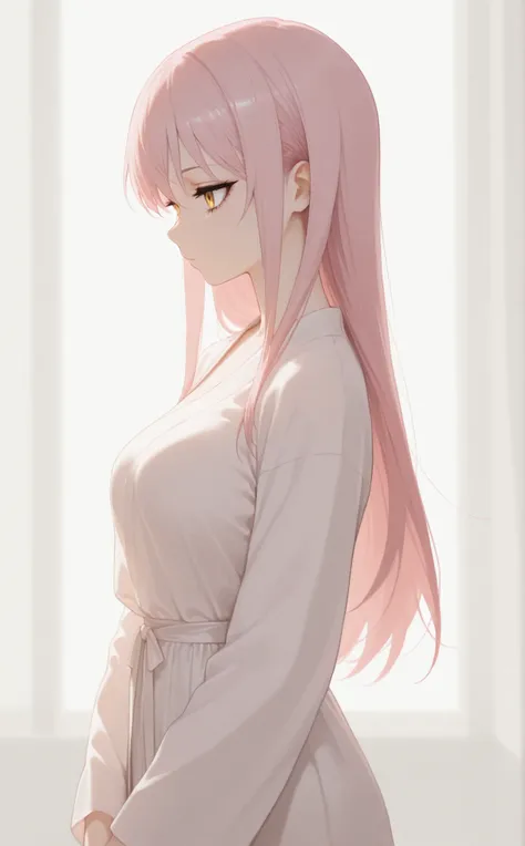 masterpiece, newest, Best Resolution, HD Quality, good lighting, safe. beautiful, adult, anime, good anatomy, .  Pale pink hair , Hair below the shoulders. Golden-yellow eyes, dark eyelashes, piel clara, slim build, Medium Breasts Size D. She is 24 years o...