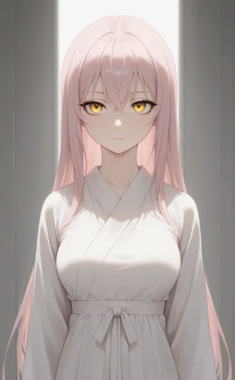 masterpiece, newest, Best Resolution, HD Quality, good lighting, safe. beautiful, adult, anime, good anatomy, .  Pale pink hair , Hair below the shoulders. Golden-yellow eyes, dark eyelashes, piel clara, slim build, Medium Breasts Size D. She is 24 years o...