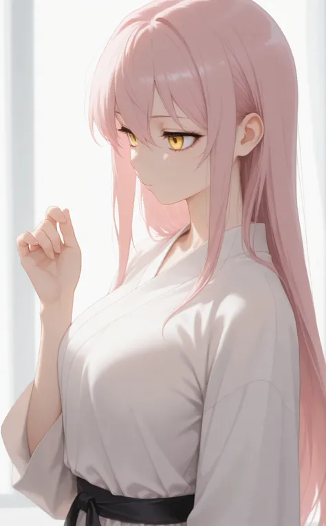 masterpiece, newest, Best Resolution, HD Quality, good lighting, safe. beautiful, adult, anime, good anatomy, .  Pale pink hair , Hair below the shoulders. Golden-yellow eyes, dark eyelashes, piel clara, slim build, Medium Breasts Size D. She is 24 years o...