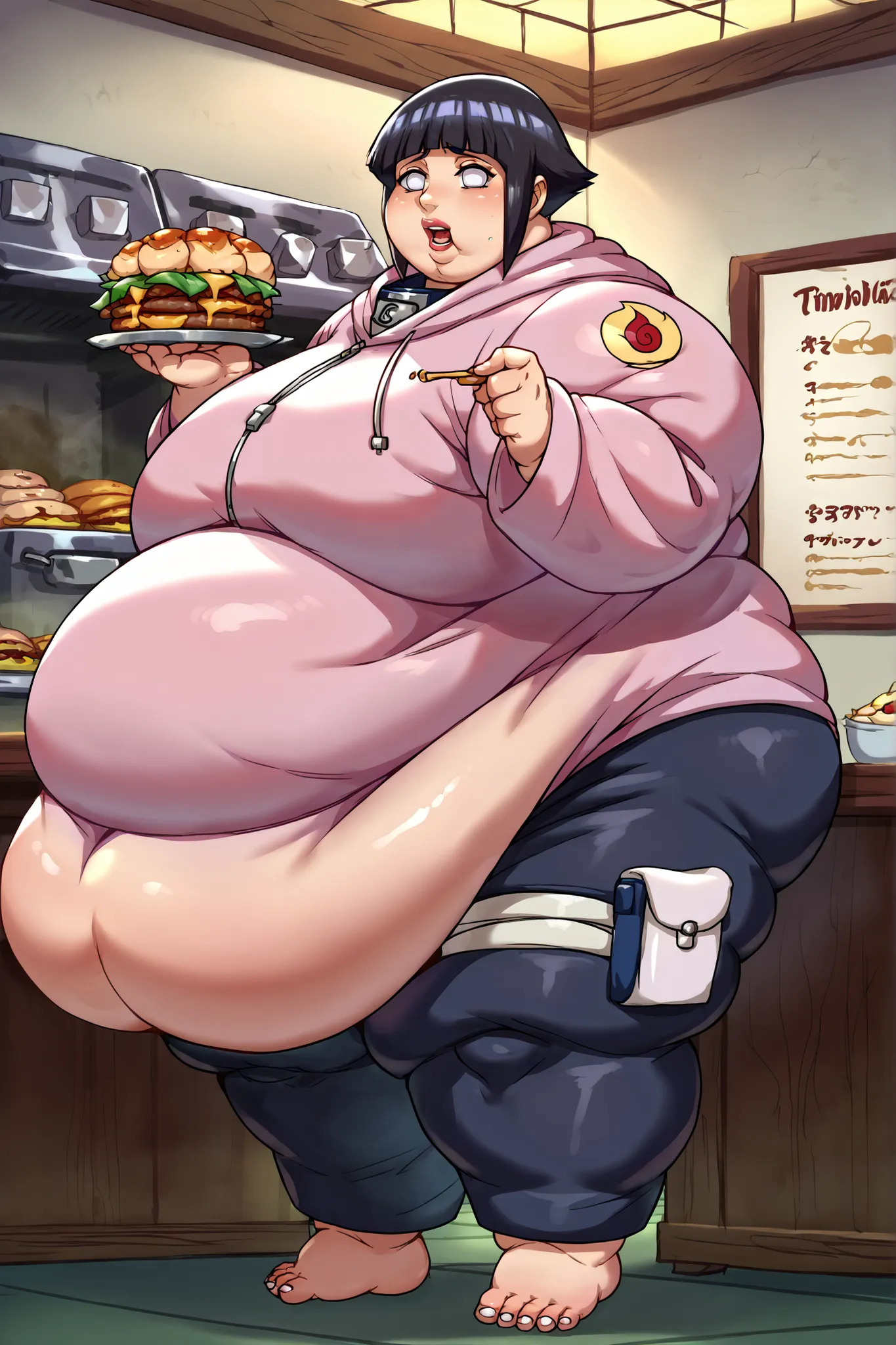 score_9, score_8_up, score_7_up, anime screencap BREAK,
1girl, hyuuga hinata, short hair, black hair, no pupils, blunt bangs, shiny hair, white eyes, hoodie, hood down, long sleeves, capri pants, forehead protector, standing, milf, mature, standing, giant ...