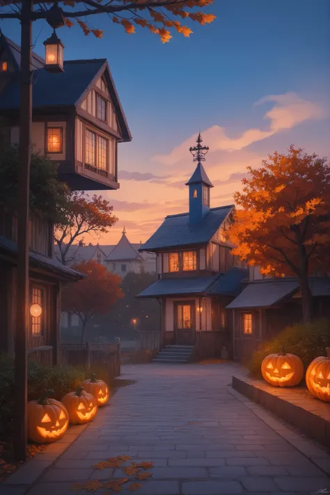 Masterpiece high resolution excellent quality 8k extremely detailed ultra realistic ultra photographic ultra realistic,  a blue house neighborhood with gray roof  , decorated for Halloween , there are a lot of pumpkin lamps , Lantern lights , AUTUMN TREES ...