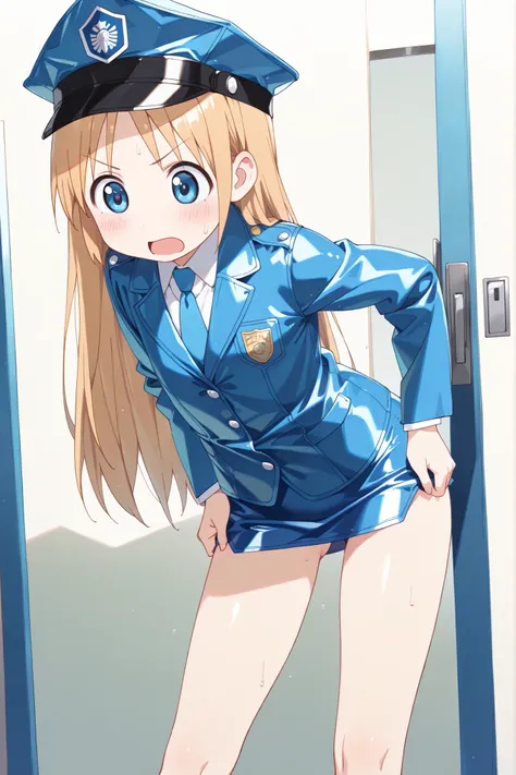 (((anime style))),score_9, score_8_up, score_7_up,masterpiece, best quality,ultra detail,1girl,((solo)),koiwai yotsuba,yasuna oribe,hakase shinonome, ((long hair)), ((blue eyes)), ((blonde hair)),((looking down)),school,((blue Police Uniform)),(police hat)...