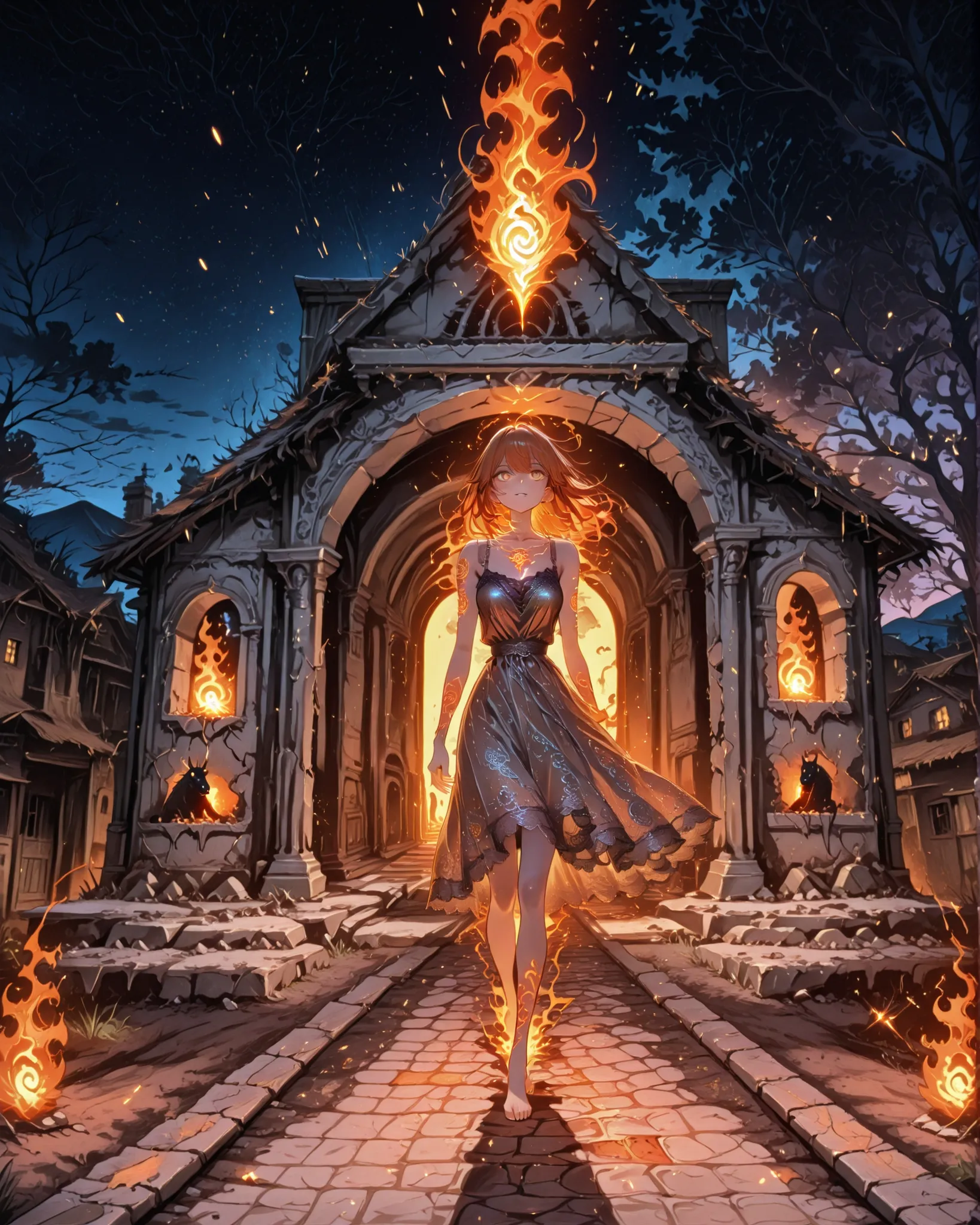 In a dusty rural village at night, a barefoot Brazilian girl in a vintage lace dress stands on an old stone road, telling a tale. Behind her, the spectral image of the Headless Mule burns with ghostly flames, rearing in the dark. The sky glows orange from ...